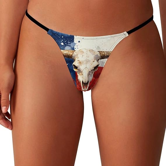 Texas Flag Cow Skull Womens G-String Thongs Soft T-back Panties Low Rise Underwear - skull swimsuit