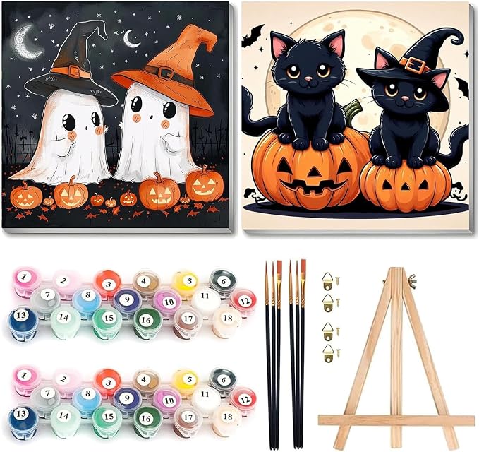 2 Pack Halloween Paint by Numbers Kit for Kids with Frame, Gift, 8x8Inch - skull painting