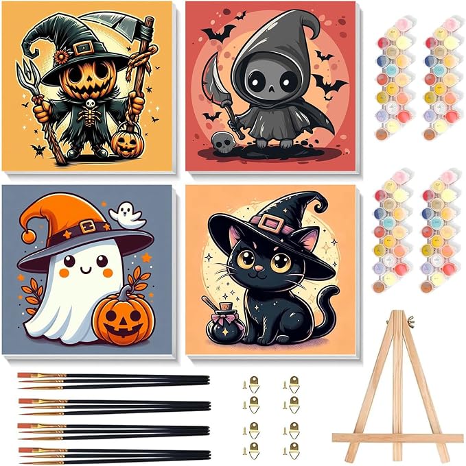SUJINMEI 4 Pack Halloween Paint by Numbers Kit for Kids with Frame 8x8 inch - skull painting