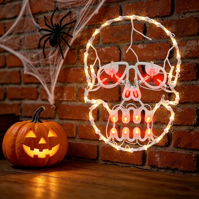 16.93” Halloween Decorations Window Silhouette, 50 Mini Lights Plug-in Decoration with Suction Cup, Light Up Window Lights, Lighted Skull for Party, Home, Tabletop Ornaments