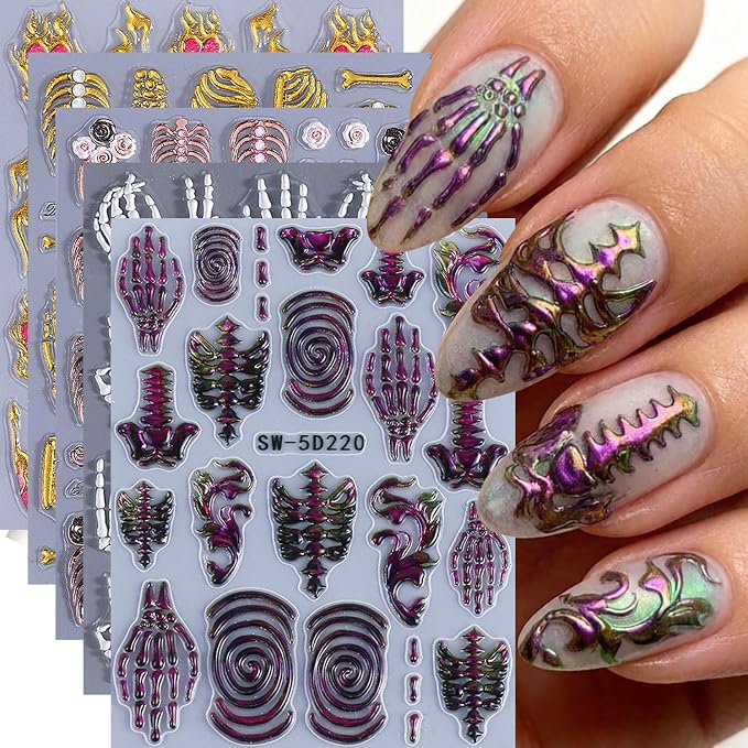 5D Skeleton Halloween Nail Stickers Decals 5PCS Gothic 3D Embossed Nail Art Stickers with Skeleton Hand Flame Design Self-Adhesive Metallic Halloween DIY Holiday Manicure Decorations Nail Supplies - skull sticker