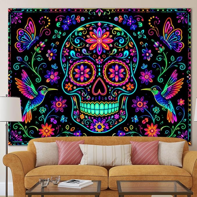 IVN Day of the Dead Blacklight Tapestry Sugar Skull Decor 79 x 59 Inch - skull inflatable