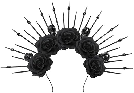 Halloween Halo Crown Headband, Black Rose Skull Sunburst Headpiece Gothic Spiked Headdress for Women, Mexican Day of The Dead Carnival Cosplay Costume Accessories - sugar skull dress