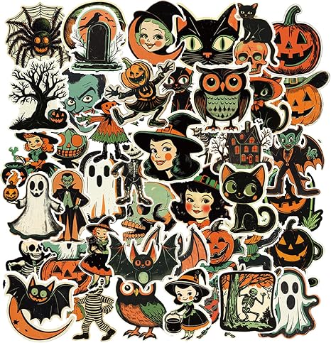 Halloween Vintage Stickers Bulk - 50 Pcs Retro Spooky Party Favors - skull sticker