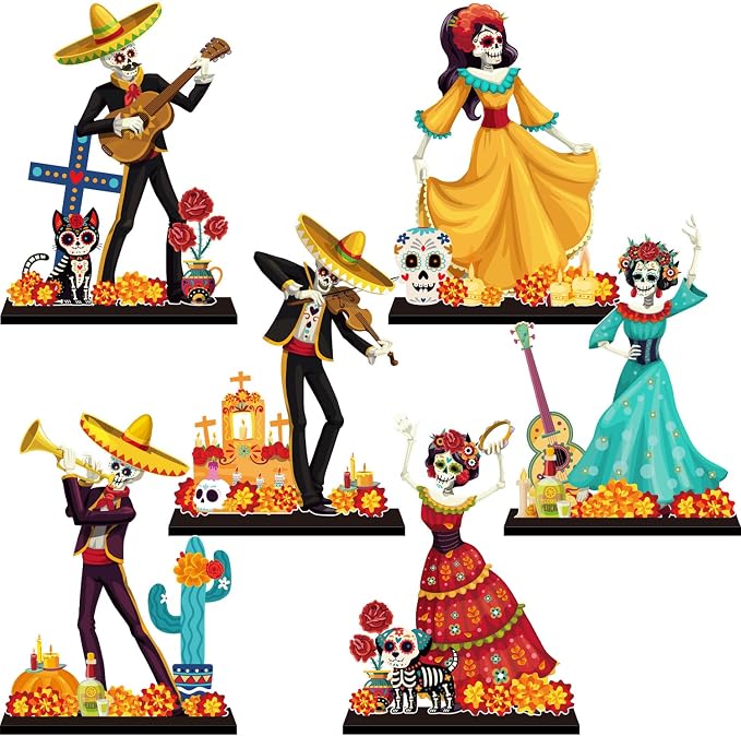 6Pcs Dia De Los Muertos Decorations Wooden Table Centerpiece - skull plate