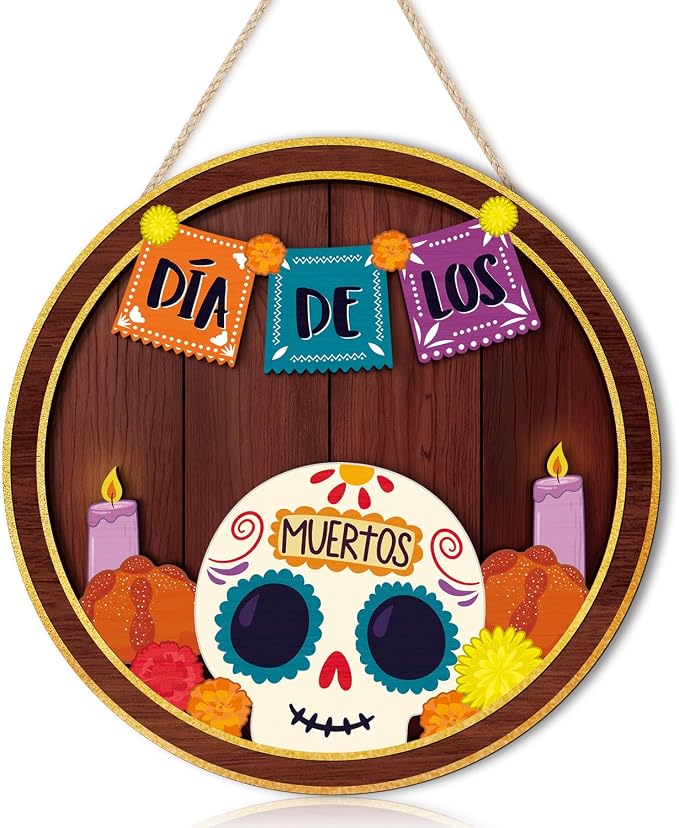 KAIRNE Dia de Los Muertos Wooden Door Sign,Marigold Sugar Skull Wood Plaque - sugar skull ornament