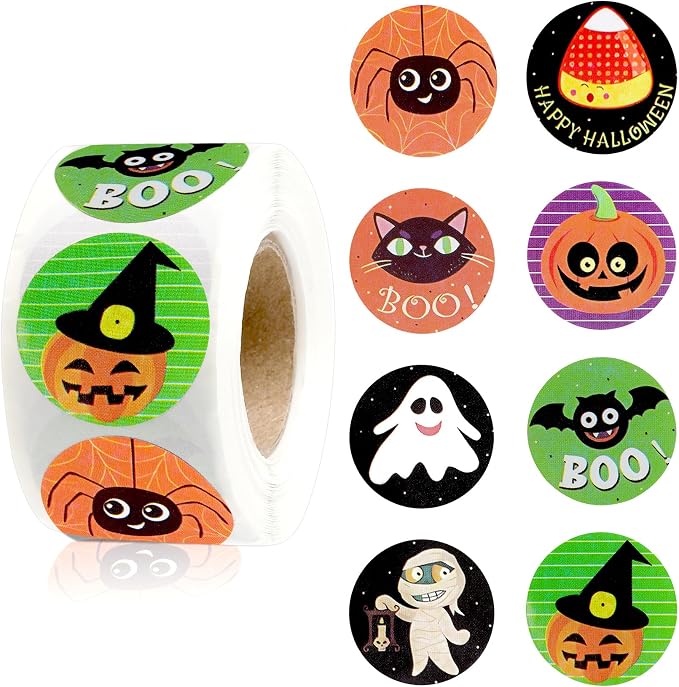 Halloween Stickers for Kids Adults, 500PCS Happy Halloween Stickers Roll, Self Adhesive Spider Pumpkin Seals Label Sticker Decals for Gift Envelopes Crafts Holiday Halloween Party Favors Decorations - skull sticker