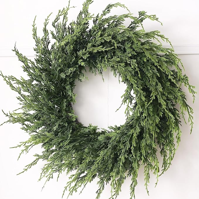 24" Artificial Christmas Cedar Pine Wreath Fake Plant for Front Door Decor - skull wreath