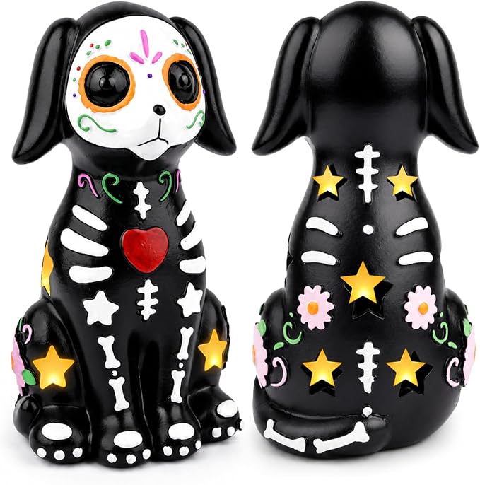 Day of The Dead Figurine, Halloween Sugar Skull Floral Black Dog Statue - skull figurine
