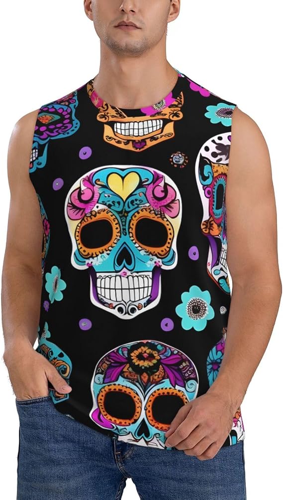 Sugar Skull Print Men's Tank Tops,Sleeveless Shirts for Men,Perfect for Gym and Outdoor Activities - skull tank tops