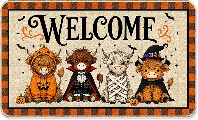 Halloween Highland Cow Welcome Door Mat Outdoor 17×30 Inch