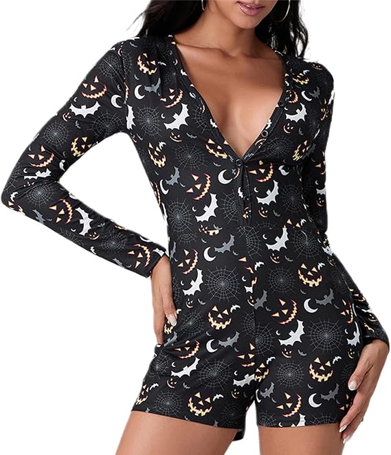 Women Bodycon Halloween Pajama Romper Long Sleeve Pumpkin Skull Print One Piece Jumpsuit Shorts Sleepwear - skull pajamas