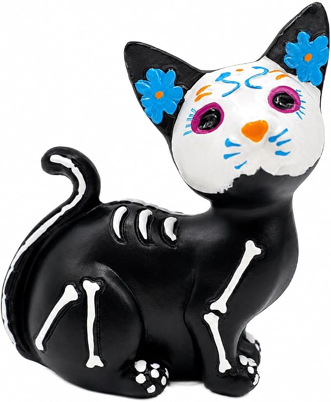 Day of the Dead Sugar Skull Black Cat Figurine, Resin Halloween Cat Statue, Dia de los Muertos Decor, Gothic Skeleton Cat Ornament for Home Shelf Table Desk Tiered Tray Halloween Decorations Gift - skull figurine