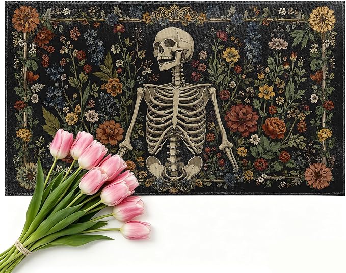 Skull Floral Door Mat Indoor 17x29.5 Inch,Gothic Skeleton Botanical Doormat for Kitchen Bathroom,Dark Goth Vintage Decorative Floor Pad Gifts,Nonwoven Entry Rug,Non Slip Dot Plastic Backing - skull toilet mat
