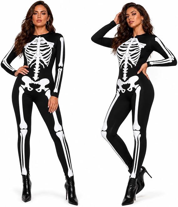 Women's Skeleton Print Bodysuit, Double-Sided Design for Halloween Party - skeleton
