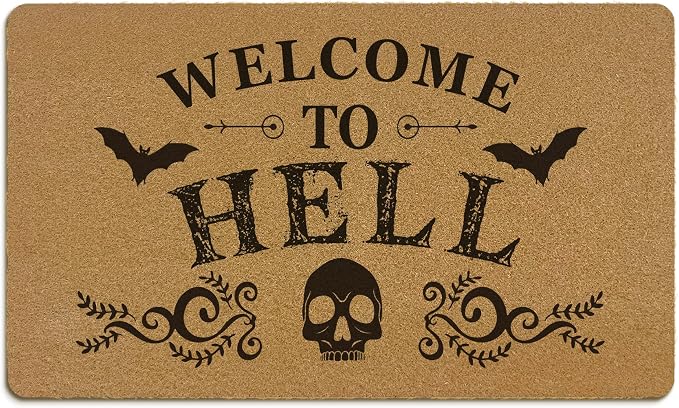 Halloween Skull Coir Door Mat Outside Indoor Entrance, Welcome to Hell Skull Spooky Front Door Mat, Gothic Skeleton Outdoor Welcome Mats for Home Porch Entryway Decor, 17x30in - skull door mat
