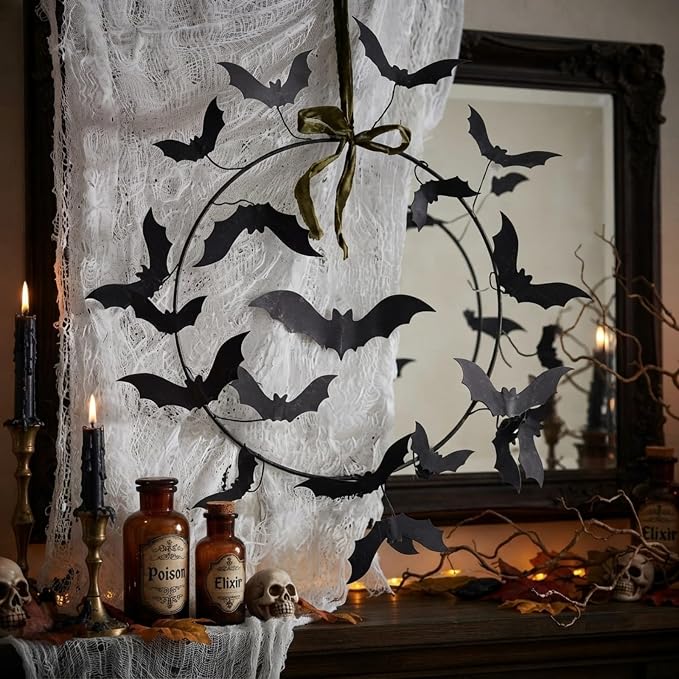 Suncalla Halloween Bat Iron Wreath 19 Inch Black Bat Metal Wreath Door - skull wreath