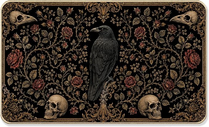 Dark Academia Gothic Linen Door Mat Outdoor Entrance 17x30 Inch - skull door mat