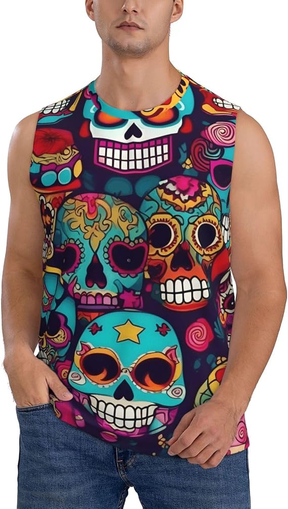 Sugar Skulls Print Men's Tank Tops,Sleeveless Shirts for Men,Perfect for Gym and Outdoor Activities - skull tank tops