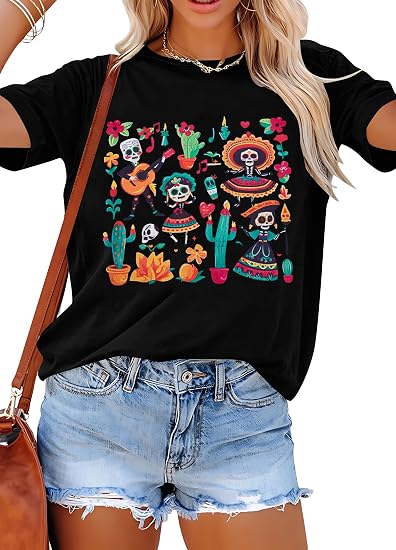 BANGELY Day of the Dead Shirt for Women Día De Los Muertos Sugar Skull Tee - skull leggings