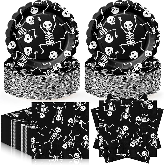 Havawish Halloween Skeleton Plates and Napkin Party Supplies for 48 Guests - skull plate