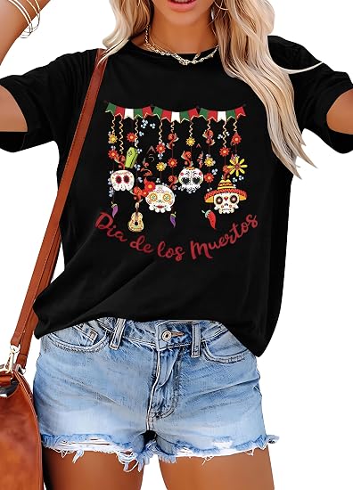 BANGELY Day of the Dead Shirt for Women Día De Los Muertos Sugar Skull Tee - skull jacket