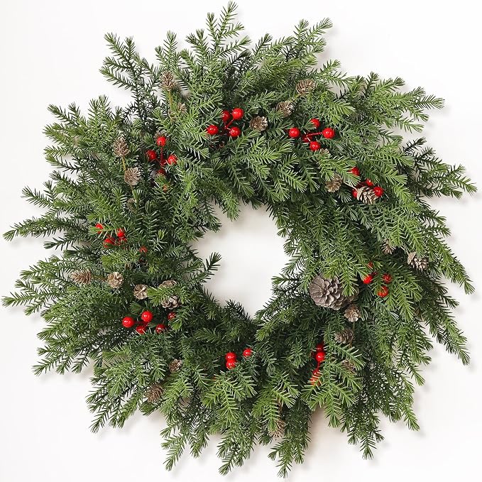 24″Artificial Norfolk Pine Wreath with Berry for Christmas Front Door Decor