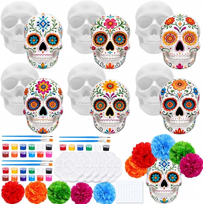 6 Sets Halloween Ceramic to Paint Sugar Skulls Ready to Paint for Adults - skull figurine