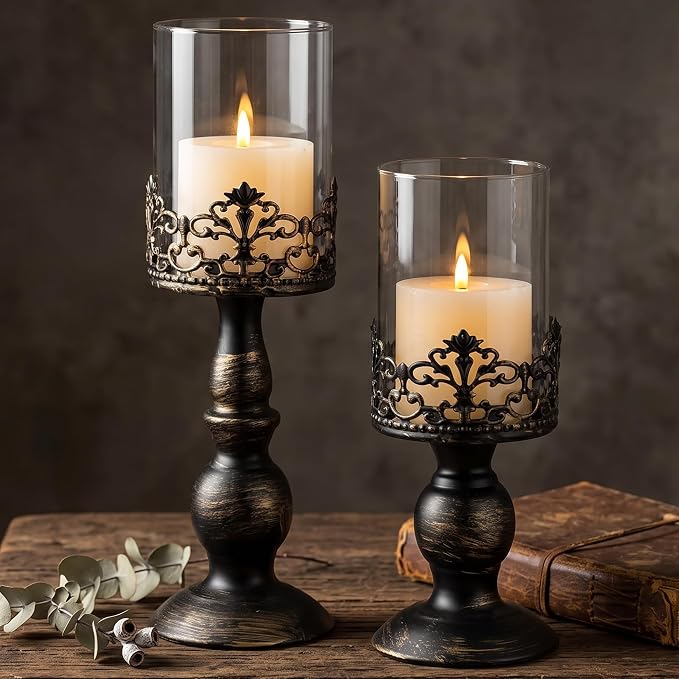 Sziqiqi Black Pillar Candle Holders: Gothic Metal Hurricane Candle Holders - skull candle