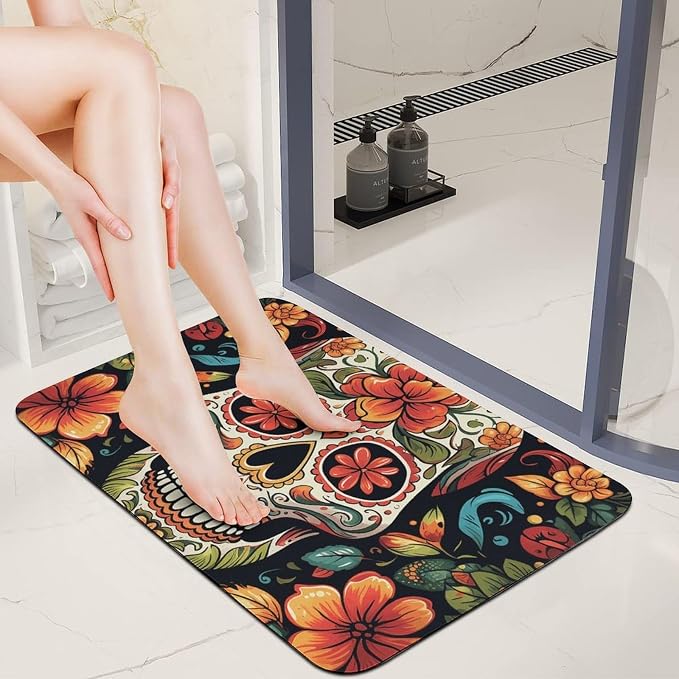 Soft Diatomaceous Earth Colorful Sugar Skull Bath Mat 16x24 Absorbent Quick Dry Stone Bath Mats 0.15" Ultra Thin Non-Slip Bathroom Rug with Rubber Backing Easy Clean Floor Mat for Shower Entryway - skull toilet mat