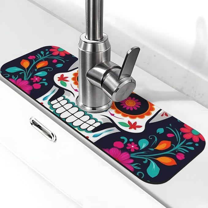 Dead Day Party Print Faucet Mat For Kitchen Sink,Non Slip Faucet Drying Mat For Kitchen Counter, Bathroom - skull toilet mat