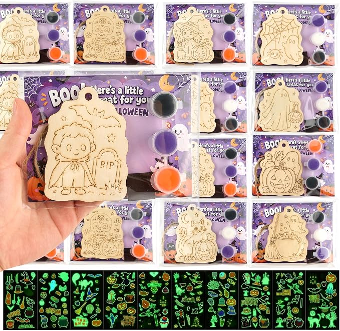 24 Sets Halloween Craft Wooden Painting Kit, DIY Wooden Magnet Craft Kit