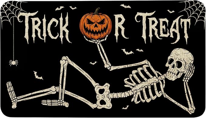 Halloween Front Door Mat Outdoor Entrance, Funny Trick or Treat Skeleton Skull Door Mats Outside Entrance Black Halloween Porch Welcome Mat Doormat Outdoor Mats for Front Door, 17″x30″