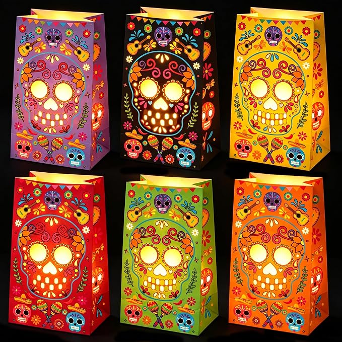 30 Pcs Dia de Los Muertos Decorations Luminary Bags, Day of the Dead Candle Bags Flame Resistant Sugar Skull Mexican Fiesta Party Decor Altar Supplies for Dia De Muertos Ofrenda Decorations - skull candle
