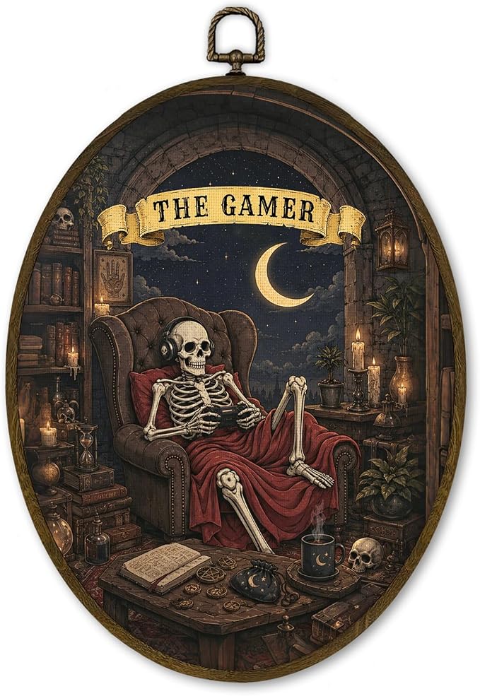 cvjutf Vintage Halloween Skeleton Gamer Wall Art Decor Framed, 8.7×11.3in