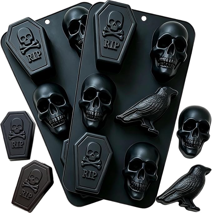 2 Pack Large Halloween Silicone Molds, 3D Skull Coffin Crow Shape Chocolate Candy Cake Baking Silicone Molds Halloween Soap Jello Candle Wax Melt Epoxy Resin Molds for Halloween Party Decor DIY Craft - skull ashtray