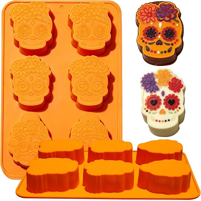 2 Pack Day of the Dead Sugar Skull Silicone Mold, 26.5x17.2x3 cm Non-Stick Baking Pan for Floral Skull Chocolate Candy, BPA Free Professional Grade Tray for Jello Soap Resin Craft - skull ashtray
