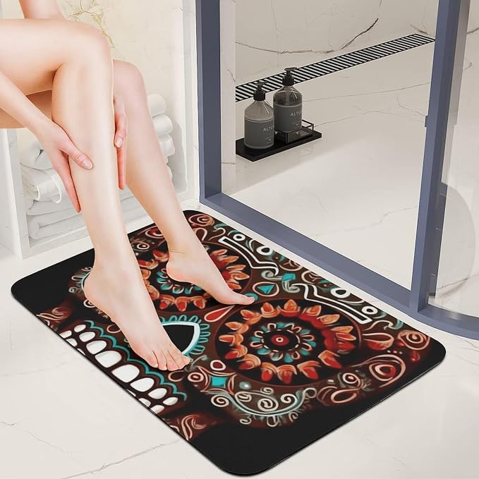 Soft Diatomaceous Earth Skulls Day of The Dead Bath Mat 16x24 Absorbent Quick Dry Stone Bath Mats 0.15" Ultra Thin Non-Slip Bathroom Rug with Rubber Backing Easy Clean Floor Mat for Shower Entryway - skull toilet mat