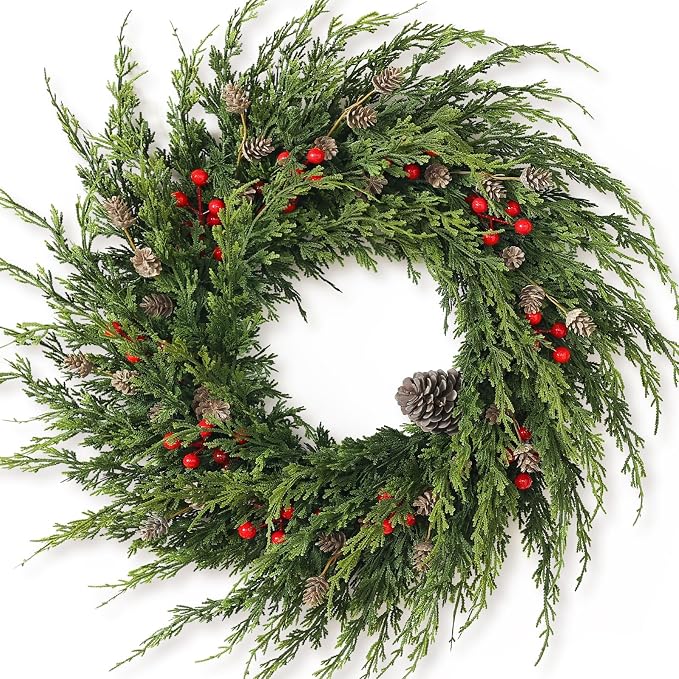 24″ Artificial Christmas Cedar Wreath with Berry for Front Door Decoration