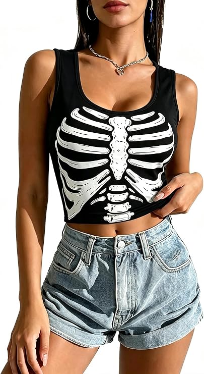 Halloween Skull Shirts for Women Funny Skeleton Graphic Tank Tops Sleeveless Vest Horror Costume - skull tank tops