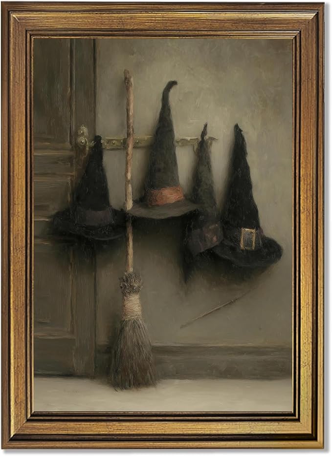 Licpach Gold Framed Halloween Wall Art Vintage Witch Hats and Witches Broom Canvas Print Painting Rustic Spooky Witch Broom Poster Gothic Dark Academia Decor Artwork for Bedroom Living Room 8x10inch - skull wall art