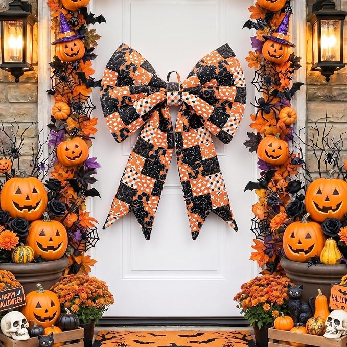 Halloween Quilted Wreath Bow for Front Door Black and Orange - skull wreath