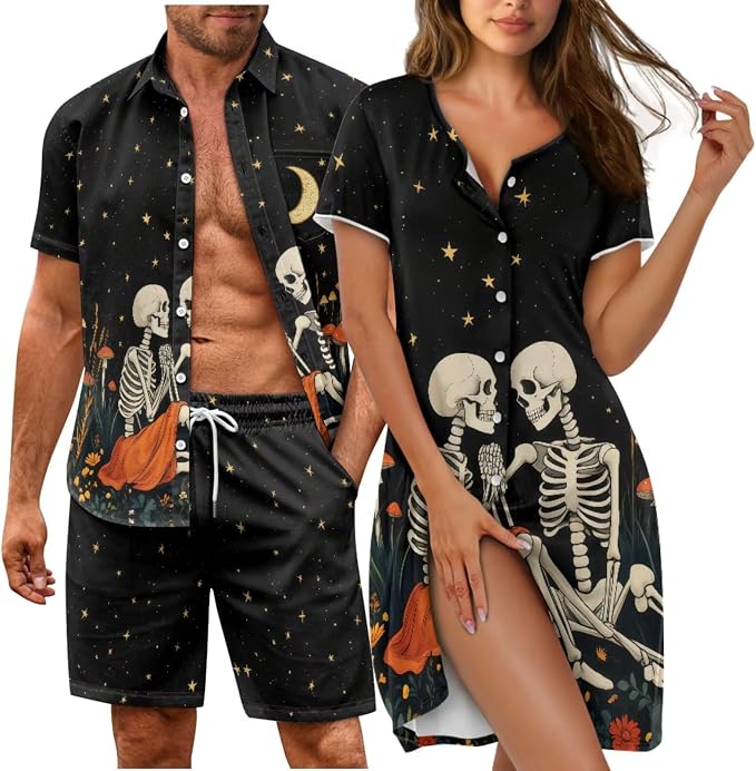 Couples Pajamas Sets Short Sleeve Plus Size Button Down Pj Soft Cute Pajama Set His and Her Matching Pjs - sugar skull dress