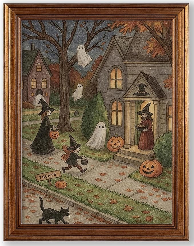 Gold Framed Vintage Halloween Witch Ghost Poster 08x10 inch Gothic Dark Academia Wall Art Fall Black Cat Pumpkin Canvas Print for Living Room Bedroom Kids Room Home Decor - skull wall art