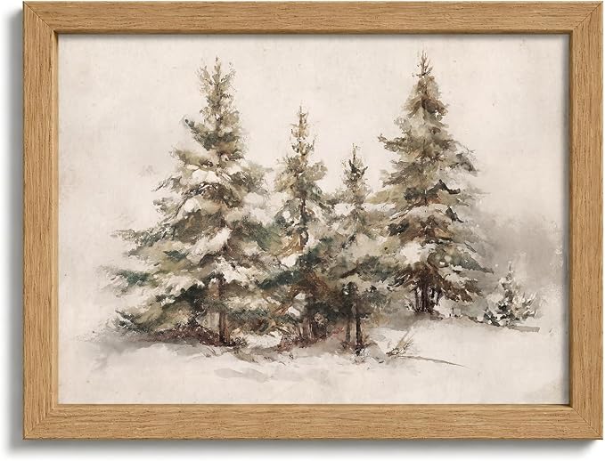 Framed Vintage Winter Pine Tree Watercolor Wall Art, Neutral Snowy Forest Landscape Canvas Print, Farmhouse Christmas Evergreen Tree Artwork for Living Room Bedroom Decor - skull wall art