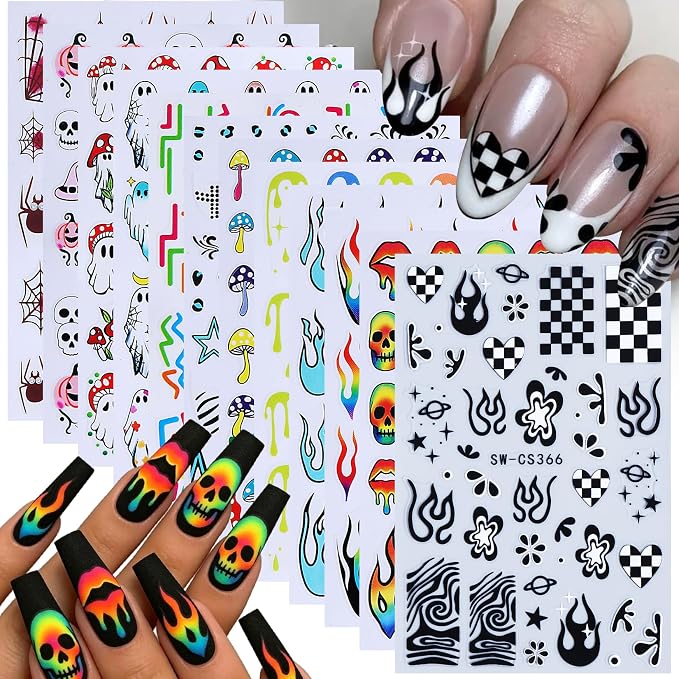 Halloween Skull Nail Stickers Decals 12PCS Colorful Halloween Nail Art Stickers 3D Self-Adhesive Decals Flame Ghost Mushroom Spider Web Colorful Dripping Y2K Designs Manicure Decor Nail Supplies - skull sticker
