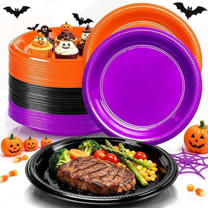 100 Count 10 Inch Halloween Plastic Plates Colored Party Disposable Plates - skull plate