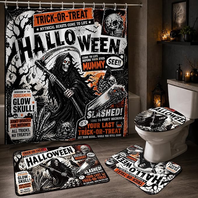 Halloween Shower Curtain for Bathroom Vintage Gothic Skull Trick or Treat Curtain Toilet Seat Cover U-Shaped Toilet Rug Bath Mat and Hooks for Restroom Window Home Indoor Decorations
