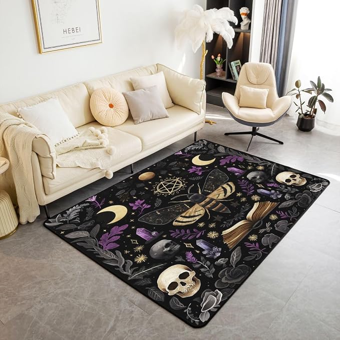 Feelyou Black Boho Moth Area Rug 3x5 Skull Moth Floral Living Room Rugs for Kids Boys Girls Bedroom Sun Moon Print Decor Carpet with Non-Slip Backing Indoor Floor Mat Soft Polyester - skull carpet
