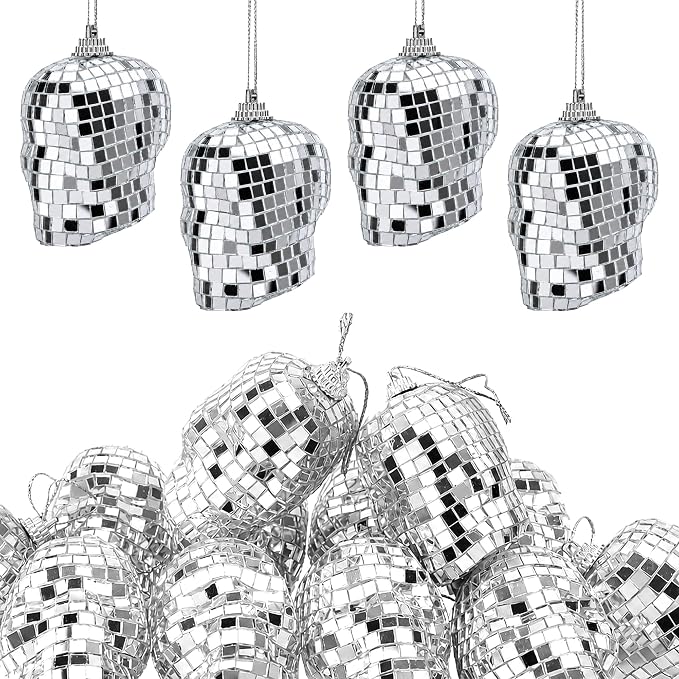 12 Pcs Halloween Disco Skull Ornaments, Disco Ball Skeleton Head Decor - string light